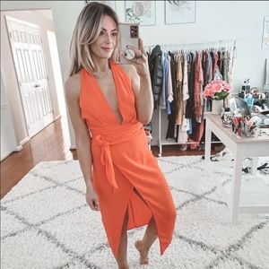 Do+Be orange plunging neck faux wrap midi dress